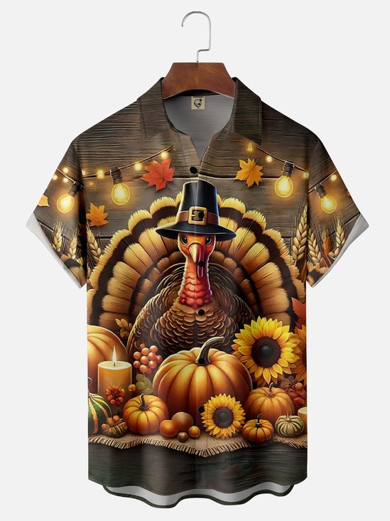 Moisture Wicking Thanksgiving Turkey Chest Pocket Hawaiian Shirt