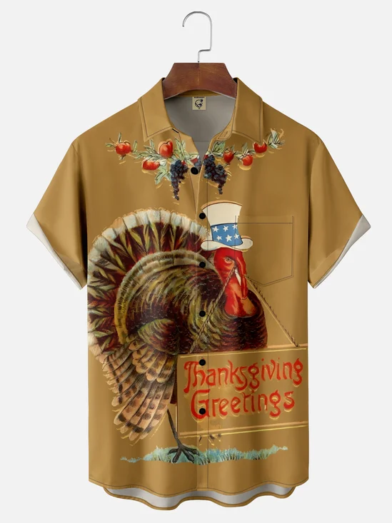 Moisture-Wicking Thanksgiving Turkey Chest Pocket Hawaiian Shirt