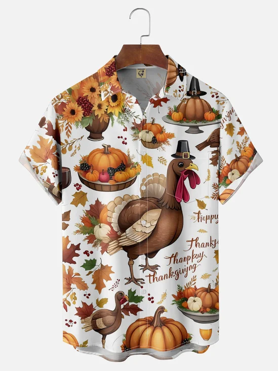 Moisture-Wicking Thanksgiving Turkey Maple Leaf Pumpkin Chest Pocket Hawaiian Shirt