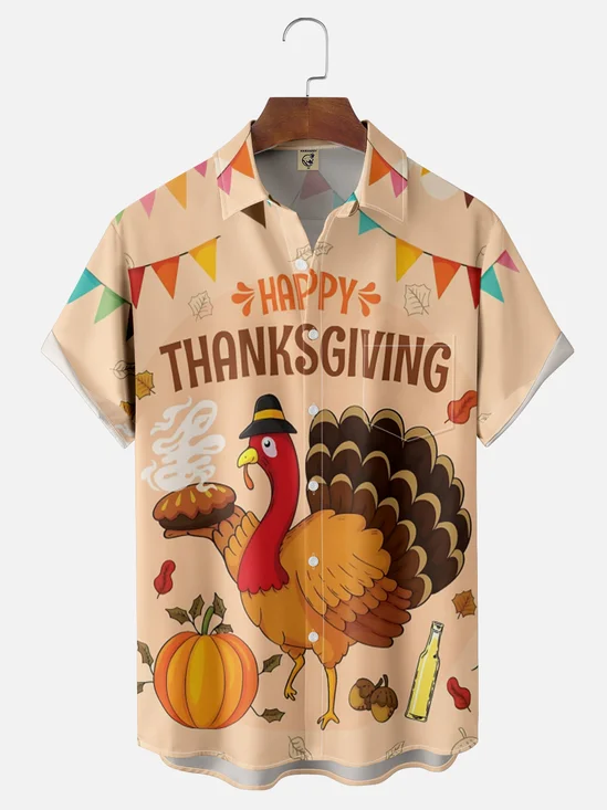 Moisture-Wicking Thanksgiving Turkey Poster Chest Pocket Hawaiian Shirt