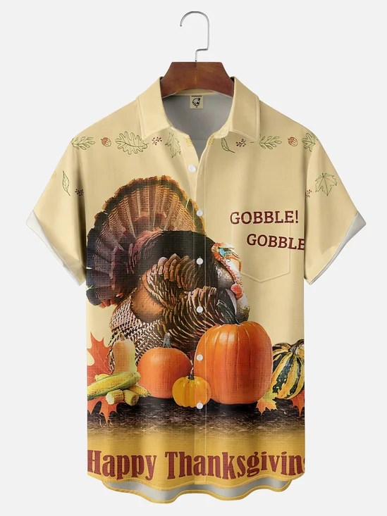 Moisture-wicking Thanksgiving Turkey "GOBBLE" Chest Pocket Casual Shirt
