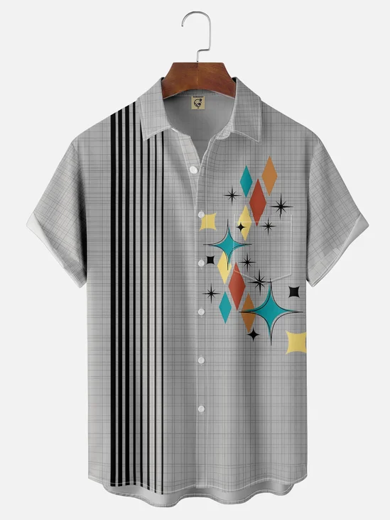 Moisture-wicking Geomatric Chest Pocket Bowling Shirt