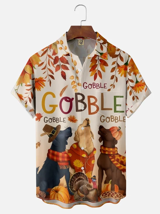 Moisture-wicking Thanksgiving Gobble Dog Turkey Chest Pocket Casual Shirt