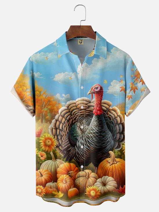 Moisture-wicking Thanksgiving Turkey Pumpkin Chest Pocket Casual Shirt