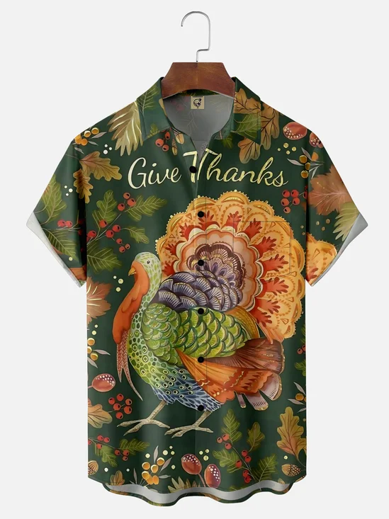 Moisture-wicking Thanksgiving Turkey Vintage Art Chest Pocket Casual Shirt