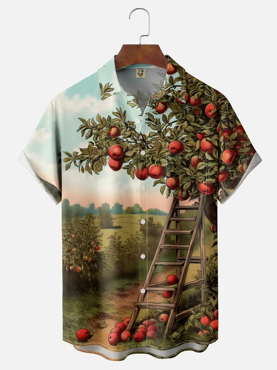 Moisture-wicking Harvest Apple Tree Thanksgiving Chest Pocket Casual Shirt