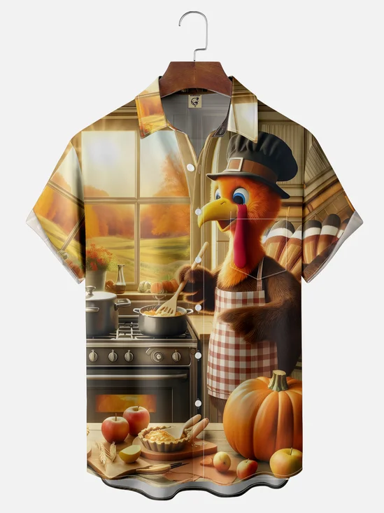 Moisture-wicking Thanksgiving Turkey Pumpkin Chest Pocket Casual Shirt