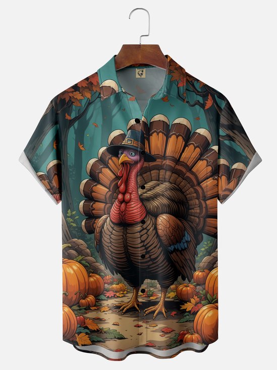Moisture-wicking Thanksgiving Turkey Pumpkin Chest Pocket Casual Shirt