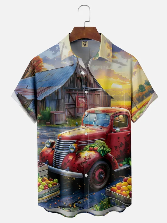 Moisture-wicking Thanksgiving Car Farm Vegetables Fruits Chest Pocket Casual Shirt