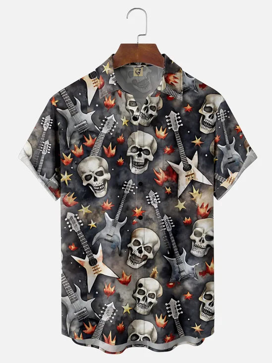 Moisture-Wicking Rock Punk Gradient Skull Guitar Chest Pocket Hawaiian Shirt