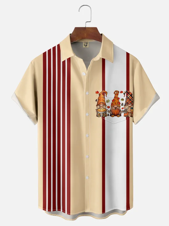 Moisture-wicking Thanksgiving Pumpkin Gnome Chest Pocket Bowling Shirt