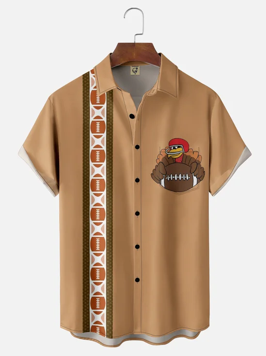 Moisture-wicking Thanksgiving American Football Turkey Chest Pocket Bowling Shirt