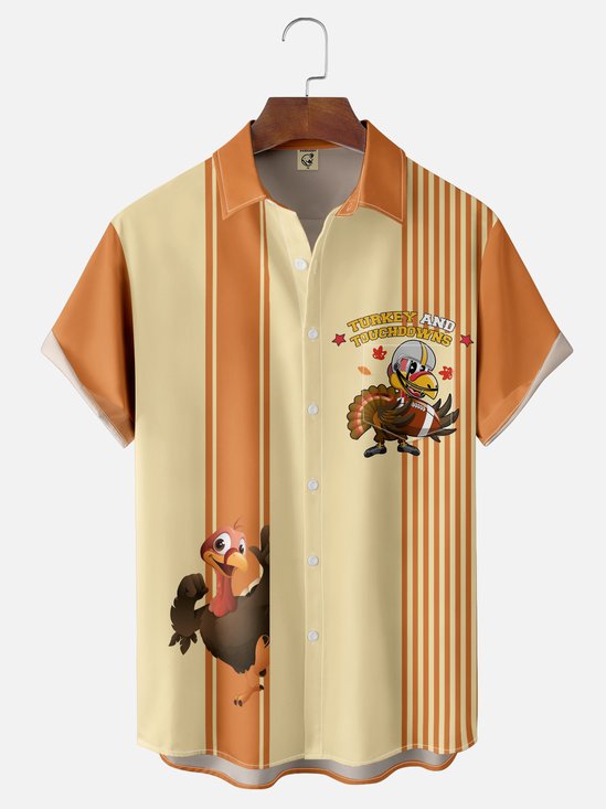 Moisture-wicking Thanksgiving American Football Turkey Chest Pocket Bowling Shirt