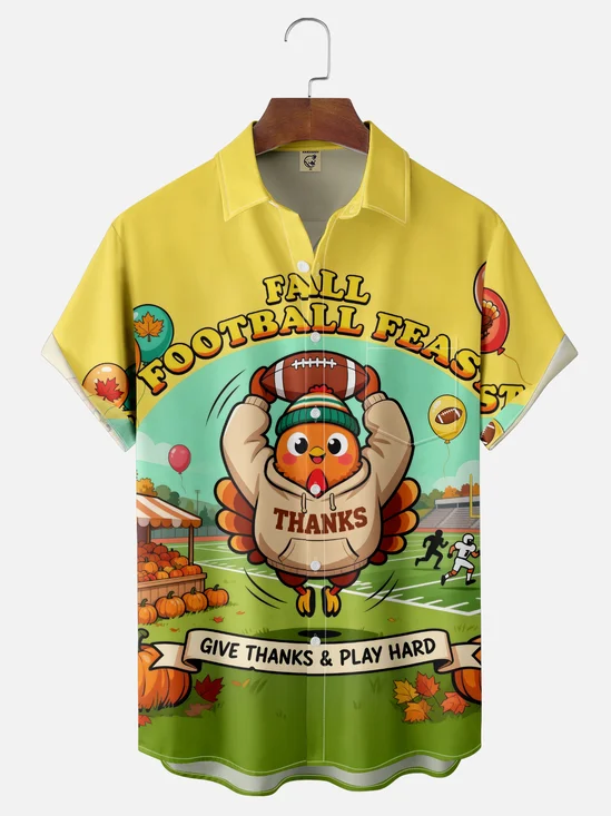 Moisture-wicking Thanksgiving American Football Turkey Chest Pocket Casual Shirt