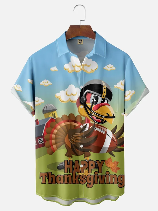 Moisture-wicking Thanksgiving American Football Turkey Chest Pocket Casual Shirt