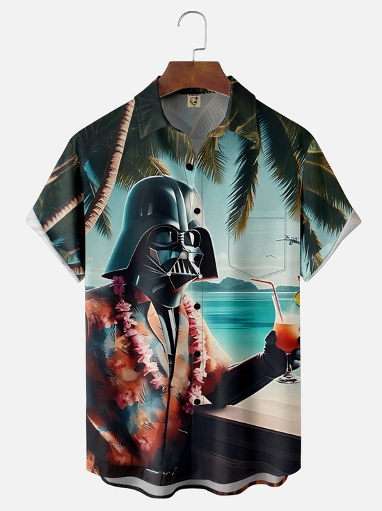 Moisture-Wicking Star Robot Cocktail Beach Coconut Tree Chest Pocket Hawaiian Shirt