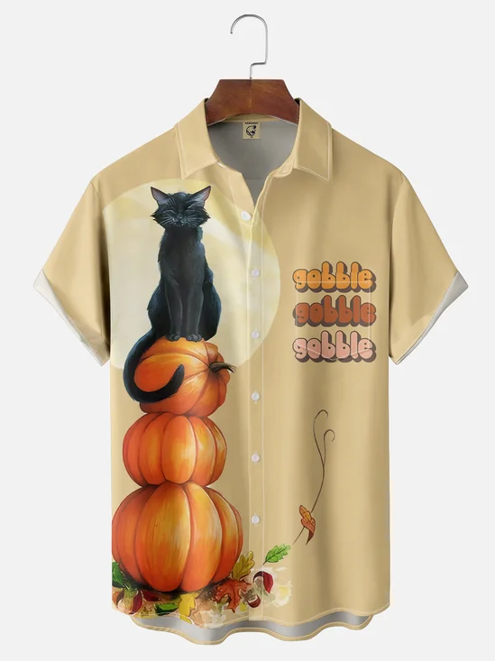 Moisture-wicking Thanksgiving Pumpkin Cat "GOBBLE" Chest Pocket Bowling Shirt