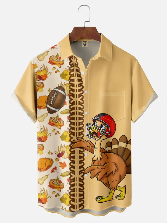 Moisture-wicking Thanksgiving American Football Turkey Chest Pocket Casual Shirt