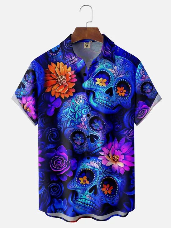Moisture-Wicking Day Of The Dead Gradient Skull Floral Chest Pocket Hawaiian Shirt