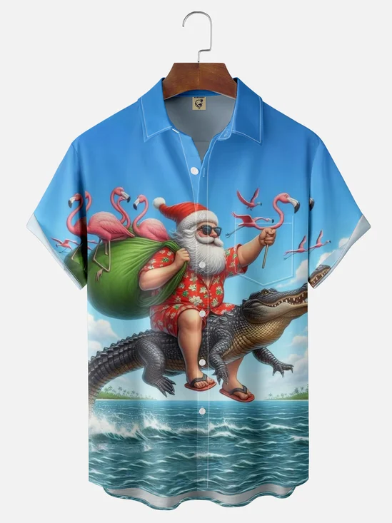 Moisture Wicking Funny Santa Claus Riding Alligator Flamingo Chest Pocket Hawaiian Shirt