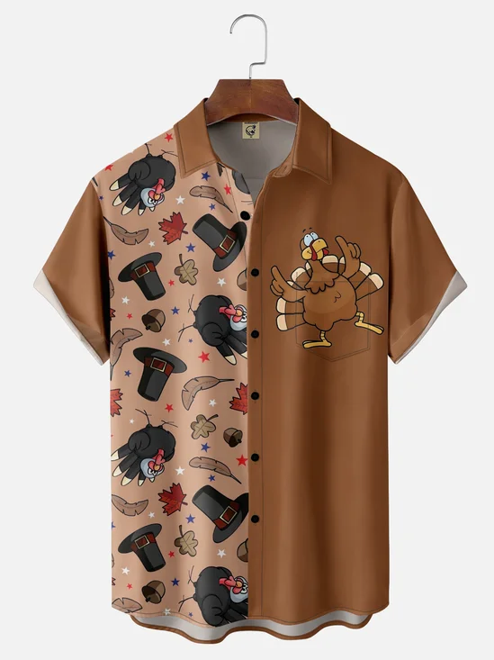 Moisture-wicking Thanksgiving Turkey Maple Leaf Chest Pocket Casual Shirt