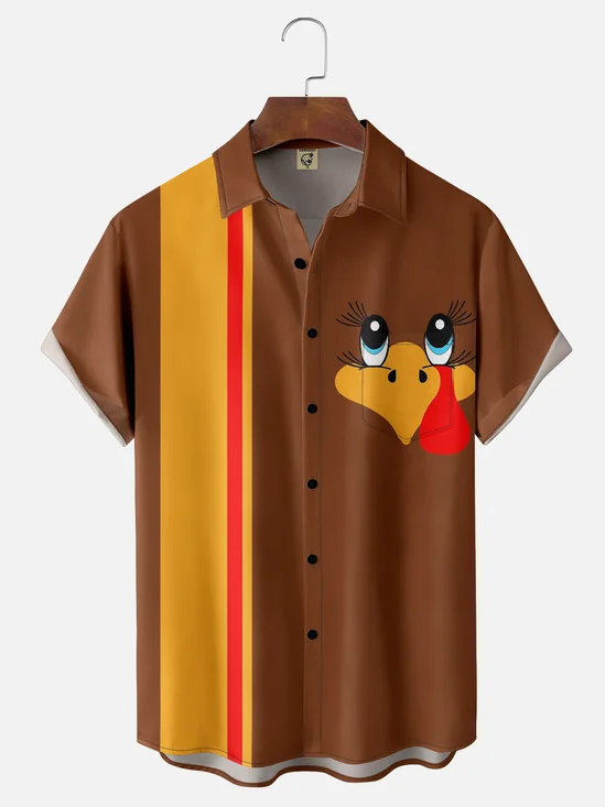 Moisture-wicking Thanksgiving Turkey Chest Pocket Bowling Shirt