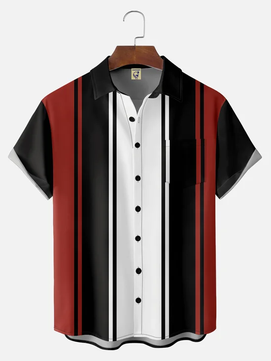 Big Size Moisture-wicking Color Block Chest Pocket Bowling Shirt