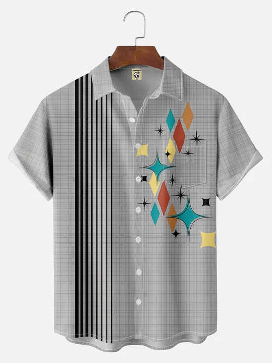 Big Size Moisture-wicking Geomatric Chest Pocket Bowling Shirt