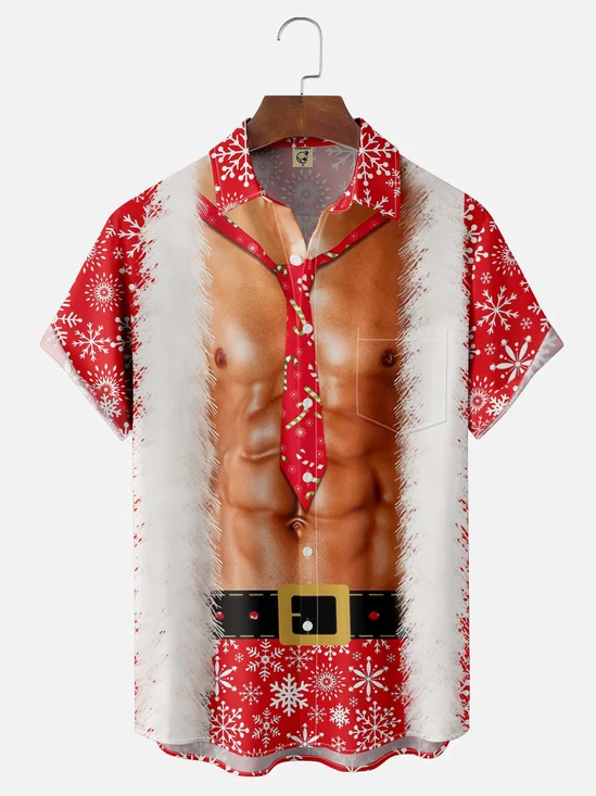 Moisture-Wicking Christmas Decoration Clothes Muscle Chest Pocket Hawaiian Shirt