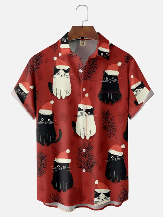 Moisture-wicking Christmas Cat Chest Pocket Casual Shirt