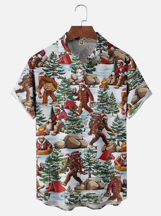 Moisture Wicking Merry Christmas Bigfoot Camping Chest Pocket Hawaiian Shirt