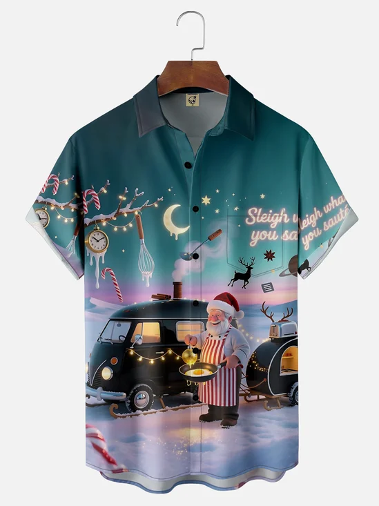 Moisture Wicking Merry Christmas Santa Camper Chest Pocket Hawaiian Shirt