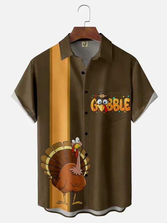 Moisture-wicking Thanksgiving Gobble Wobble Chest Pocket Bowling Shirt