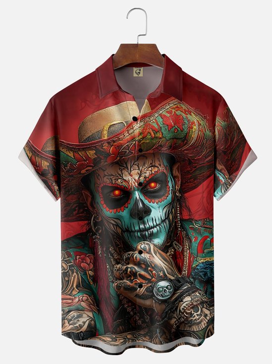 Moisture-wicking Day of the Dead Skull Art Chest Pocket Casual Shirt