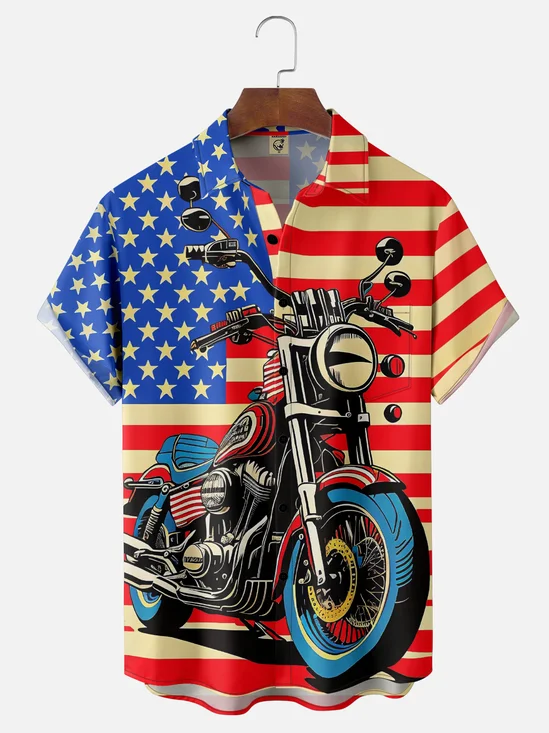 Moisture-wicking American Flag Western Motorcycle Chest Pocket Casual Shirt