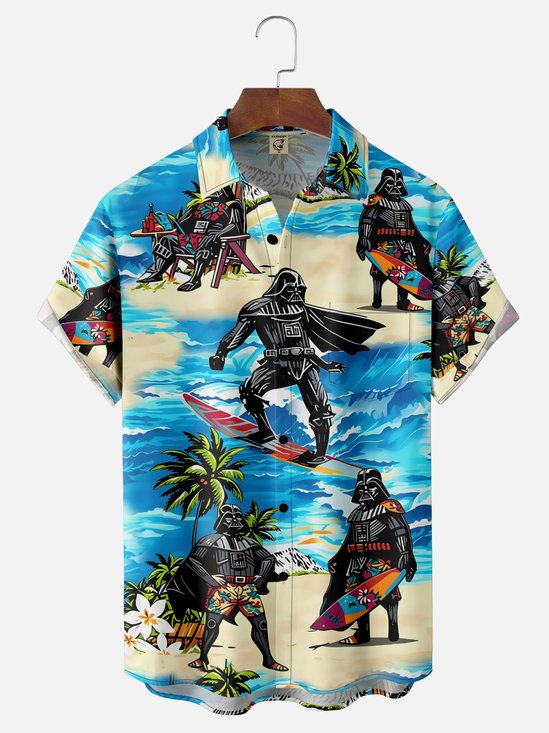 Moisture-Wicking Star Coconut Tree Beach Robot Chest Pocket Hawaiian Shirt