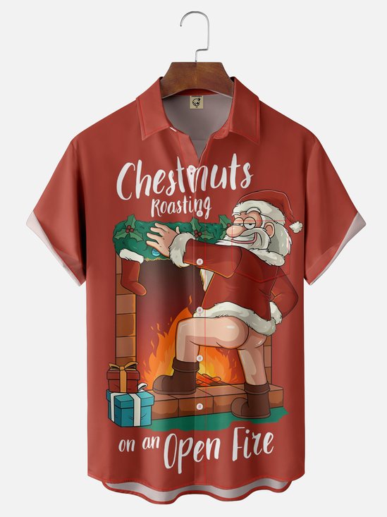 Moisture-wicking Christmas Funny Santa Chest Pocket Casual Shirt