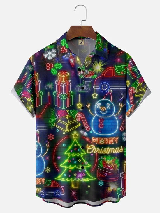 Moisture-wicking Christmas Snowman Chest Pocket Casual Shirt