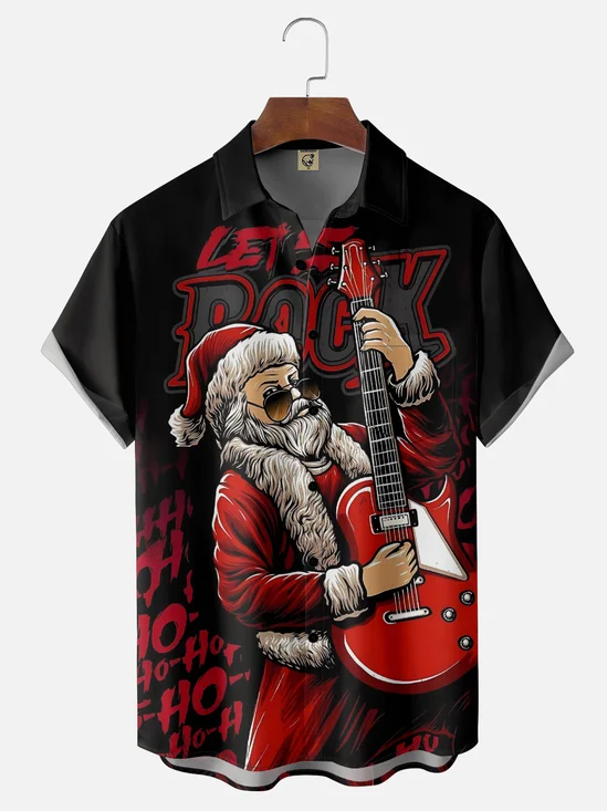 Moisture-wicking Christmas Santa Claus Rock Music Chest Pocket Casual Shirt