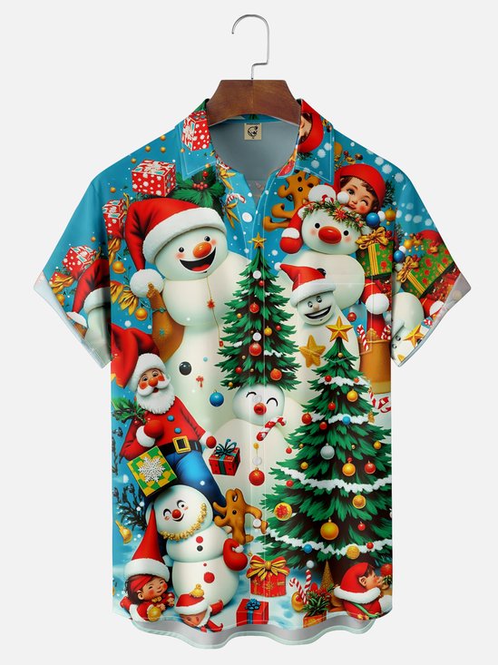 Moisture-wicking Christmas Snowman Chest Pocket Casual Shirt