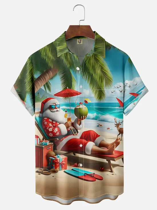 Moisture-wicking Christmas Santa Claus On Vacation Chest Pocket Hawaiian Shirt