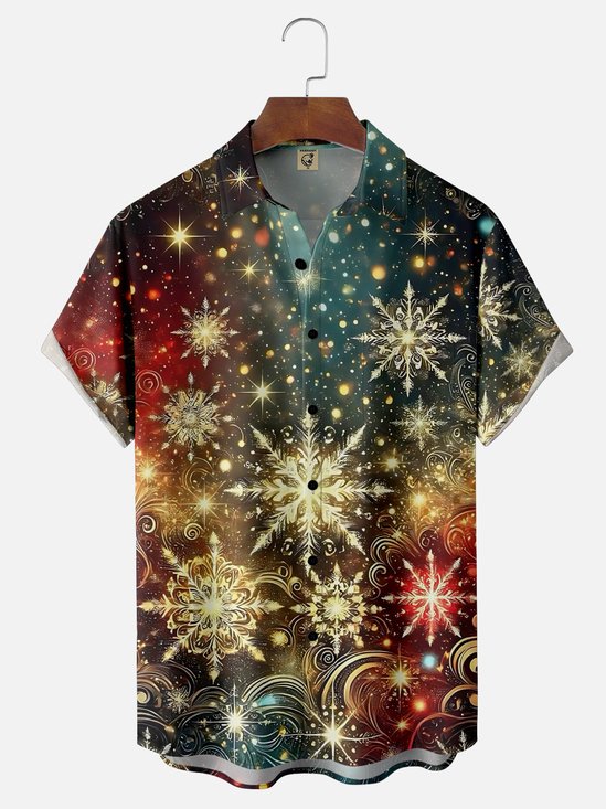 Moisture Wicking Merry Christmas Snowflake Chest Pocket Hawaiian Shirt