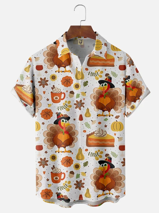 Moisture-Wicking Thanksgiving Turkey Pumpkin Cake Chest Pocket Hawaiian Shirt
