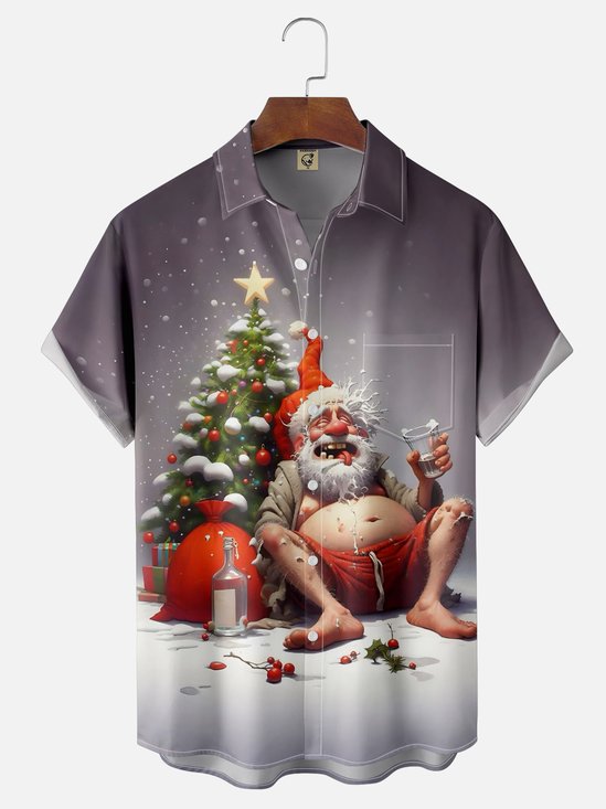 Moisture Wicking Merry Christmas Funny Drunk Santa Chest Pocket Hawaiian Shirt