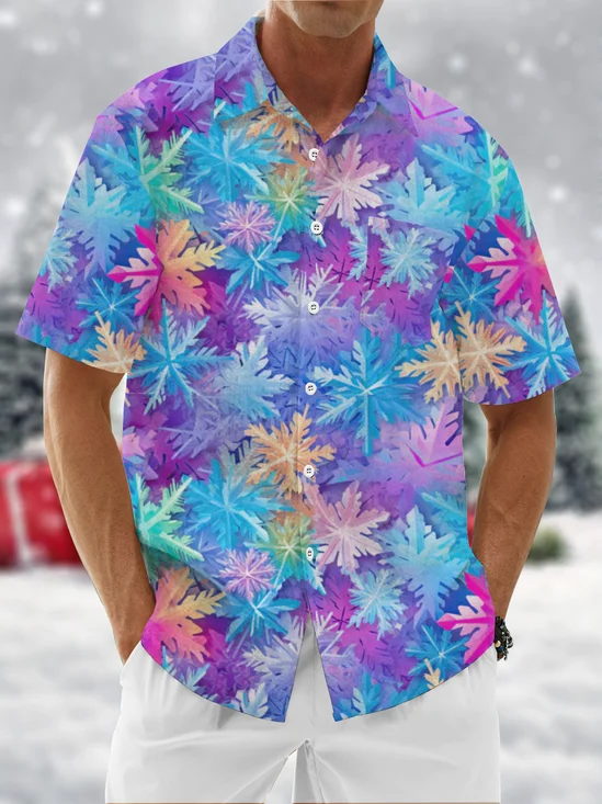 Moisture Wicking Merry Christmas Snowflake Chest Pocket Hawaiian Shirt