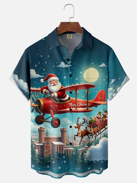 Moisture-wicking Christmas Santa Claus Chest Pocket Casual Shirt