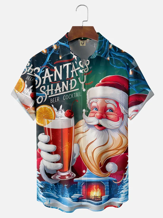 Moisture-wicking Christmas Santa Claus Beer Cocktail Chest Pocket Casual Shirt