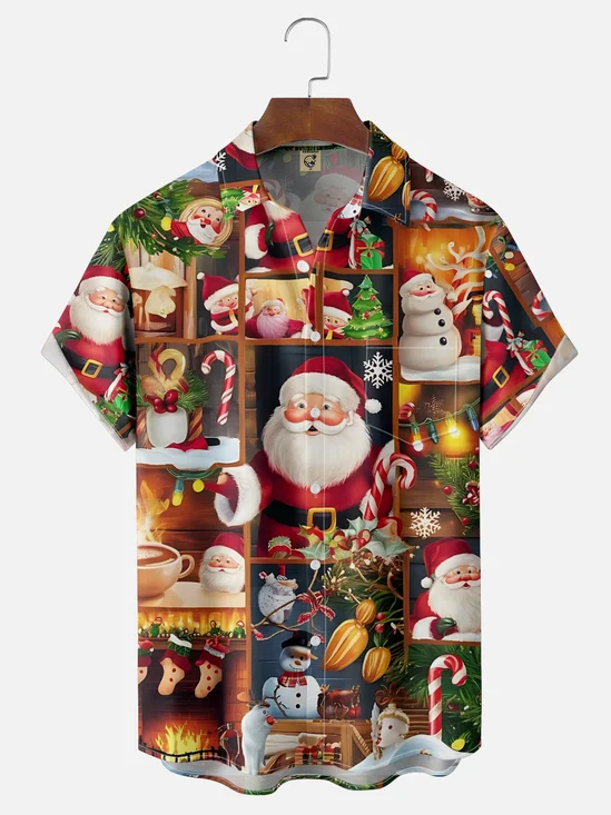 Moisture-wicking Christmas Santa Claus Chest Pocket Casual Shirt