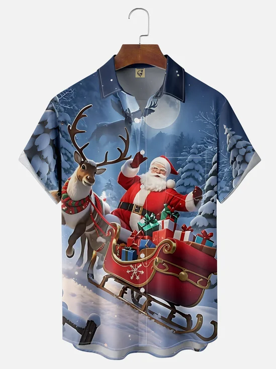Moisture-wicking Christmas Santa Claus Reindeer Chest Pocket Casual Shirt
