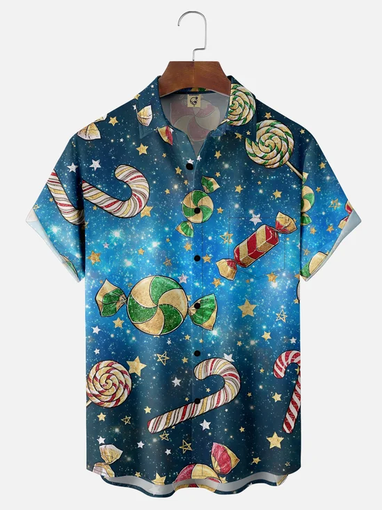 Moisture Wicking Merry Christmas Candy Cane Lollipop Chest Pocket Hawaiian Shirt